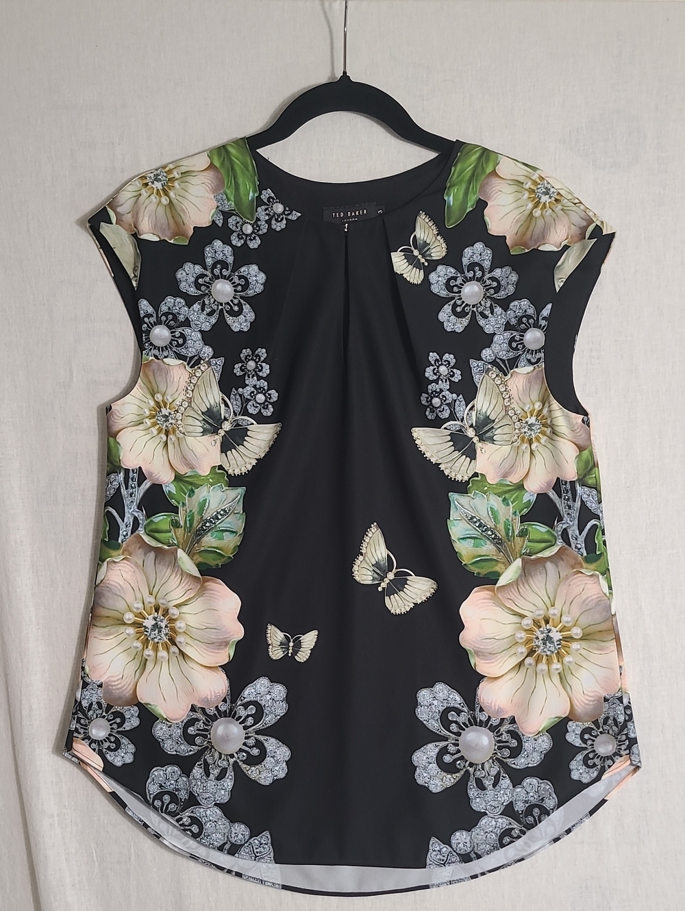 Ted Baker Gem Gardens Black Floral & Butterfly Cap-Sleeve Top Size 3 Or Medium